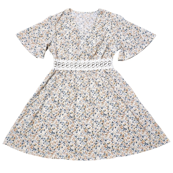 Wmns Ditsy Floral Kimono Mini Dress Boho Cottagecore Lace Waist Cutout XS/S - Picture 4 of 8